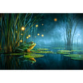 Dreamy frog canvas art with teal marsh lights for calming room decor.