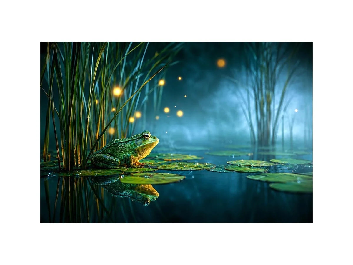 Dreamy frog canvas art with teal marsh lights for calming room decor.
