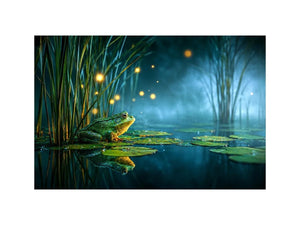 Dreamy frog canvas art with teal marsh lights for calming room decor.