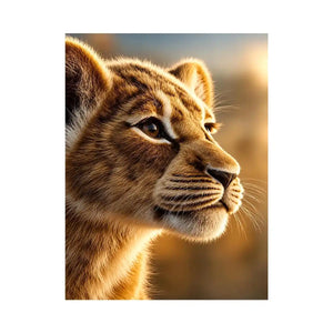 Young lion cub portrait canvas art for warm modern living room decor.