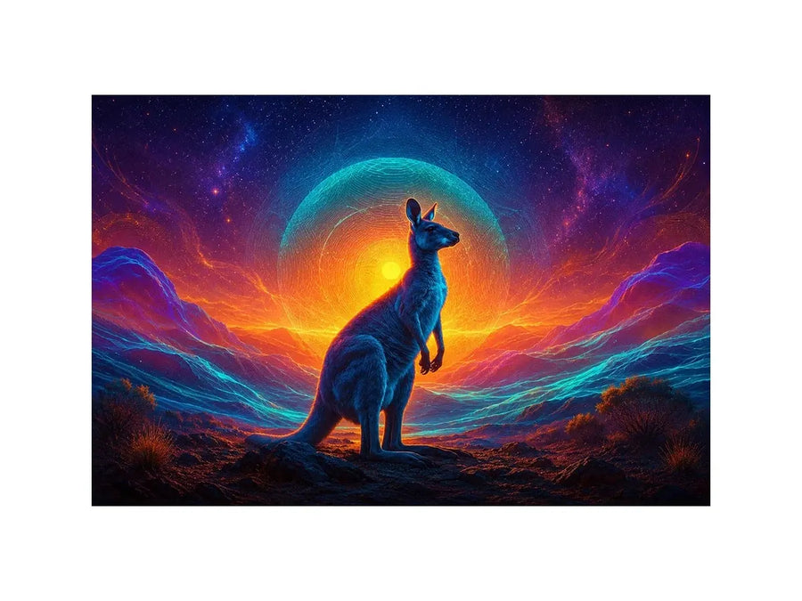 Neon kangaroo landscape canvas art for bold modern living room decor.