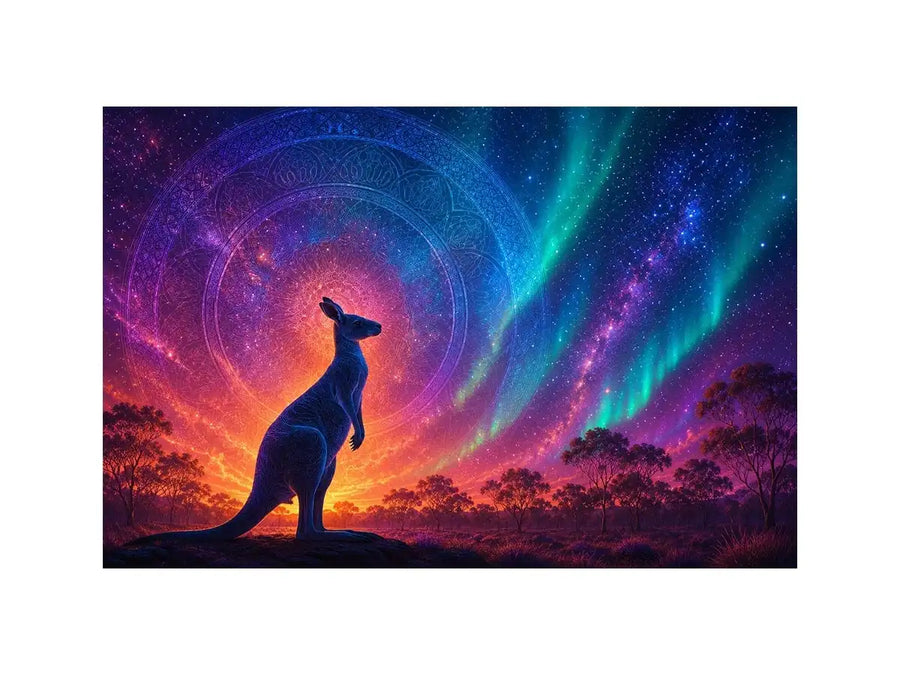 Aurora kangaroo canvas art for dreamy boho bedroom wall decor.