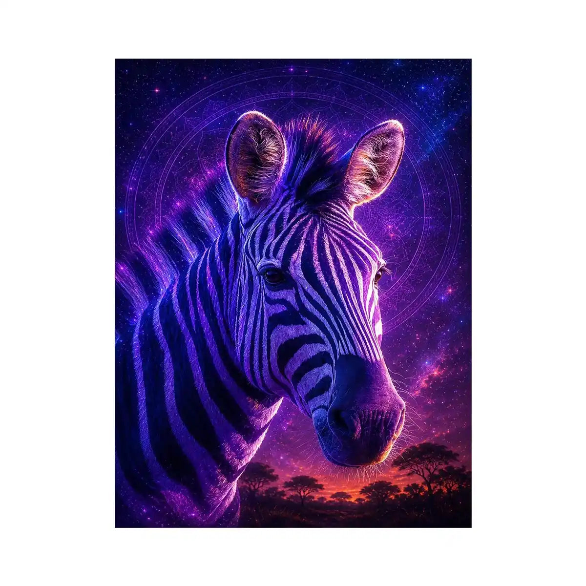 Purple zebra portrait canvas art for bold modern living room decor.