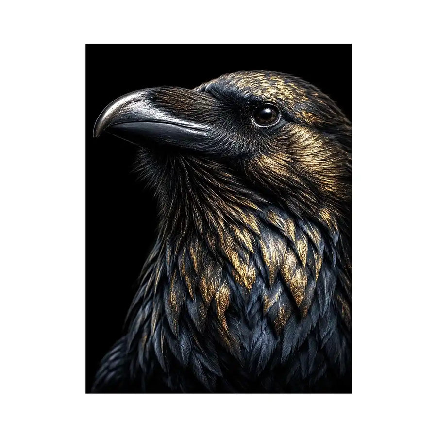 Black raven portrait artwork with gold accents for sophisticated office decor.