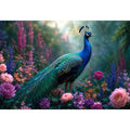 Peacock garden canvas art with pastel florals for elegant bedroom decor.