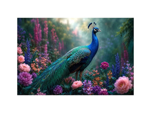 Peacock garden canvas art with pastel florals for elegant bedroom decor.