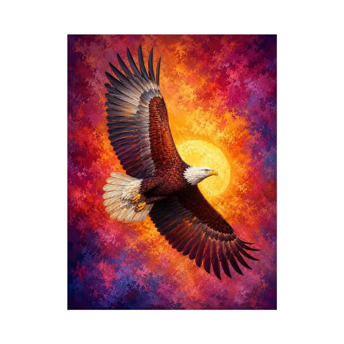 Bald eagle canvas artwork with crimson sky for bold office decor.