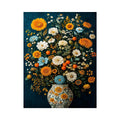 Vintage floral vase canvas print with orange blooms for elegant dining room decor.
