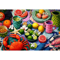 Mediterranean seafood feast still life canvas print with crab fish citrus fruits patterned plates and colorful coastal table setting