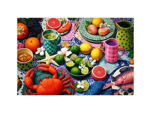 Mediterranean seafood feast still life canvas print with crab fish citrus fruits patterned plates and colorful coastal table setting