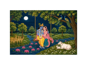 Radha Krishna moonlit swing canvas print with river peacocks cows deer lotus flowers and peaceful Vrindavan forest scene