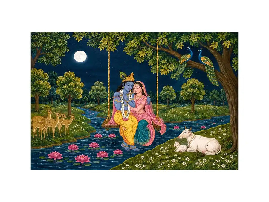 Radha Krishna moonlit swing canvas print with river peacocks cows deer lotus flowers and peaceful Vrindavan forest scene