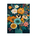 Teal botanical flower bouquet canvas print with orange white pink flowers blue succulent teal leaves berries and decorative floral details