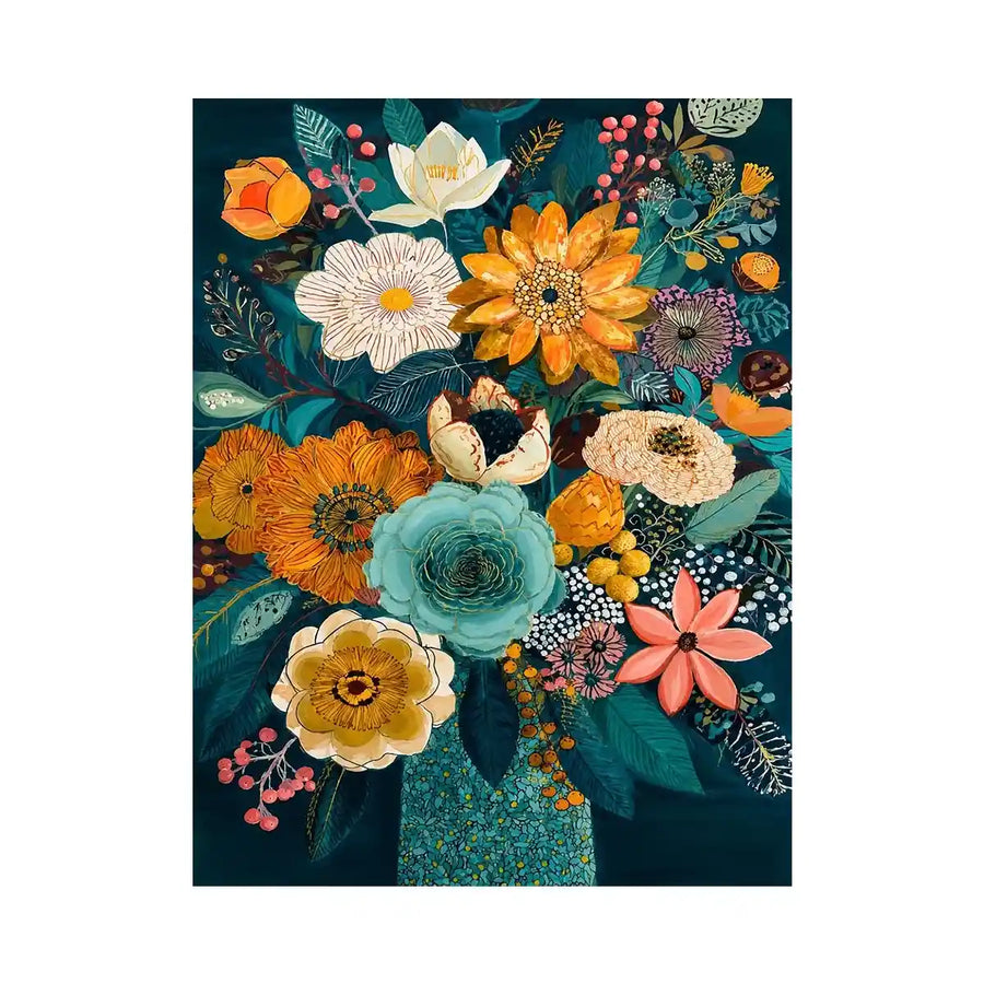 Teal botanical flower bouquet canvas print with orange white pink flowers blue succulent teal leaves berries and decorative floral details
