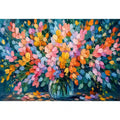 Abstract pastel flower field canvas print with expressive pink teal blue orange yellow and green brushstrokes in a blooming garden style
