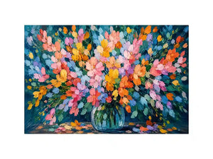 Abstract pastel flower field canvas print with expressive pink teal blue orange yellow and green brushstrokes in a blooming garden style