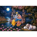 Radha Krishna moonlight Vrindavan canvas print with floral swing river lotus flowers deer peacocks cows and romantic devotional forest scene
