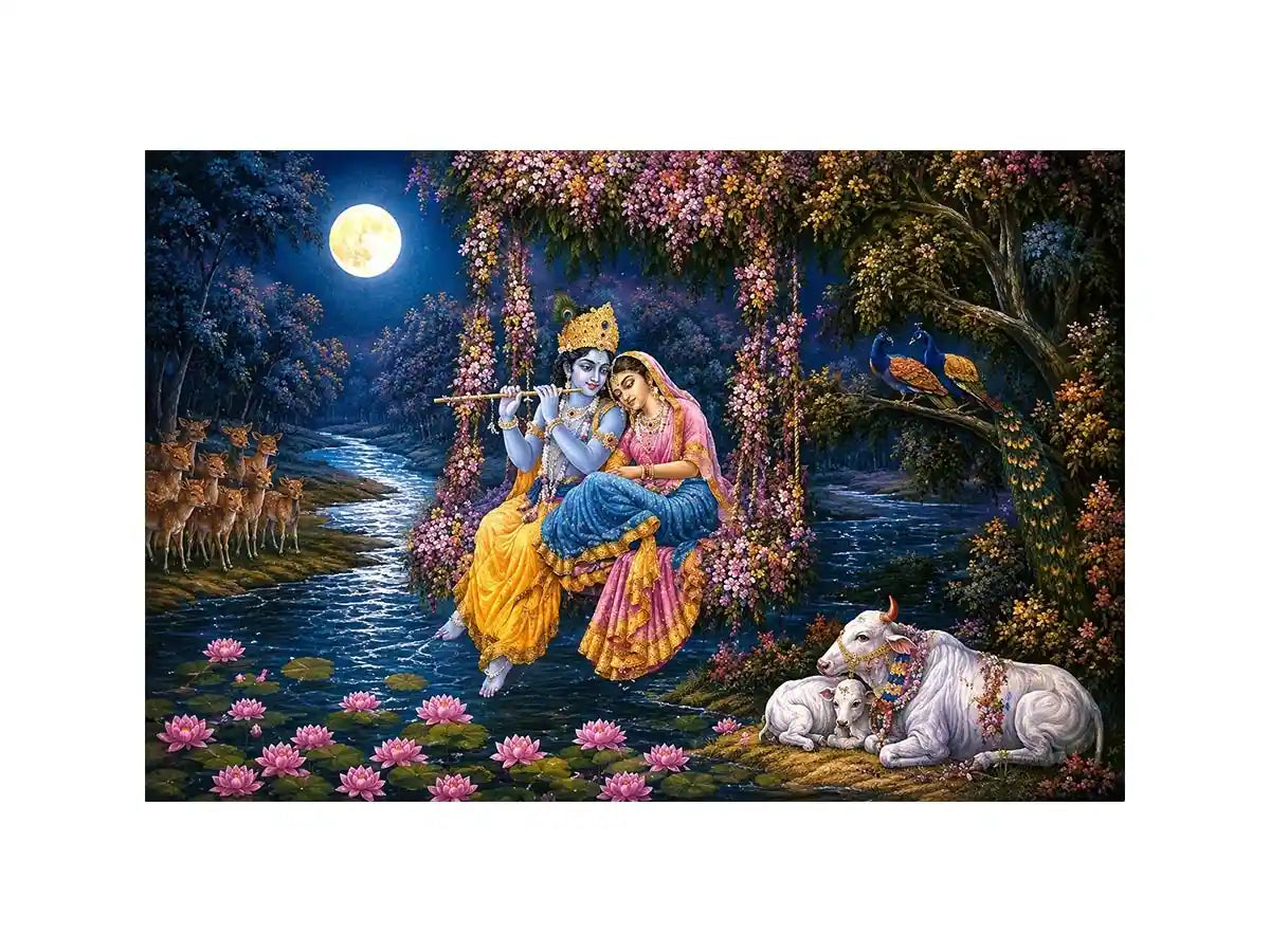 Radha Krishna moonlight Vrindavan canvas print with floral swing river lotus flowers deer peacocks cows and romantic devotional forest scene