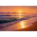Golden sunset ocean waves canvas print with glowing beach shoreline rolling surf and warm sunlight reflecting on the sea