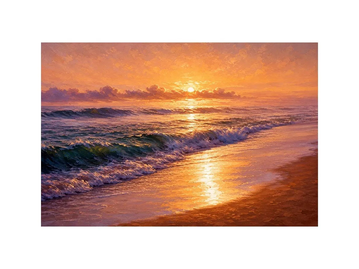 Golden sunset ocean waves canvas print with glowing beach shoreline rolling surf and warm sunlight reflecting on the sea