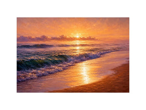 Golden sunset ocean waves canvas print with glowing beach shoreline rolling surf and warm sunlight reflecting on the sea