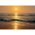 Soft golden sunrise ocean canvas print with gentle waves hazy horizon warm sunlight and textured seascape brushstrokes