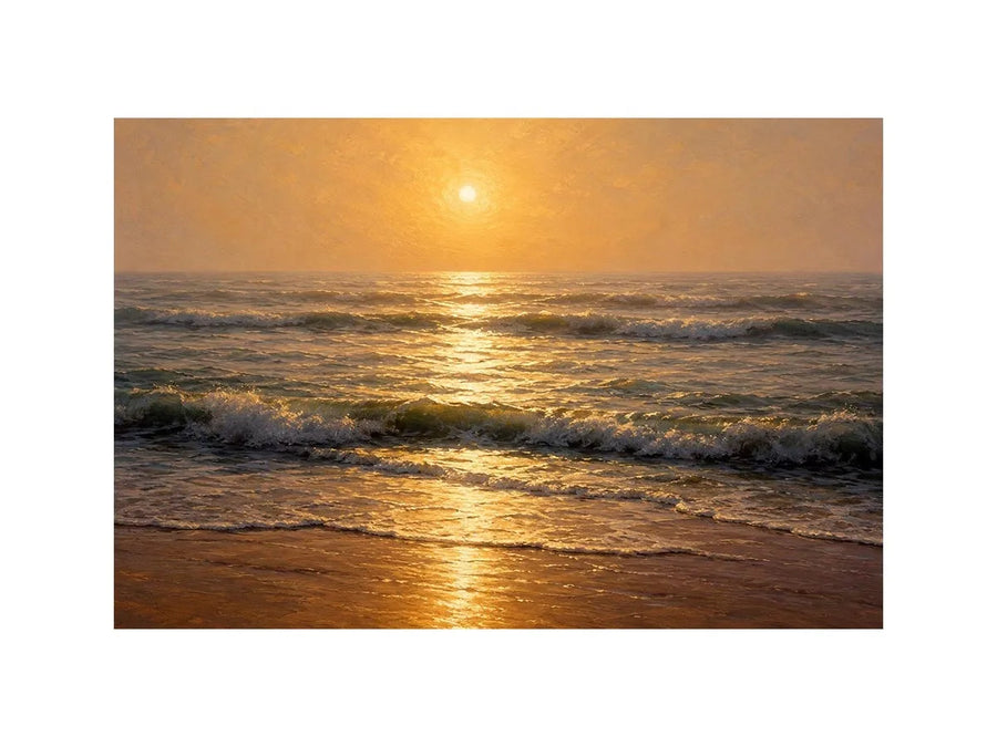 Soft golden sunrise ocean canvas print with gentle waves hazy horizon warm sunlight and textured seascape brushstrokes