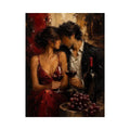 Romantic couple wine canvas art in deep red tones for dining room decor.