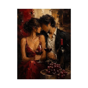 Romantic couple wine canvas art in deep red tones for dining room decor.