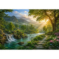 Lush mountain river landscape canvas art with waterfall for living room decor.