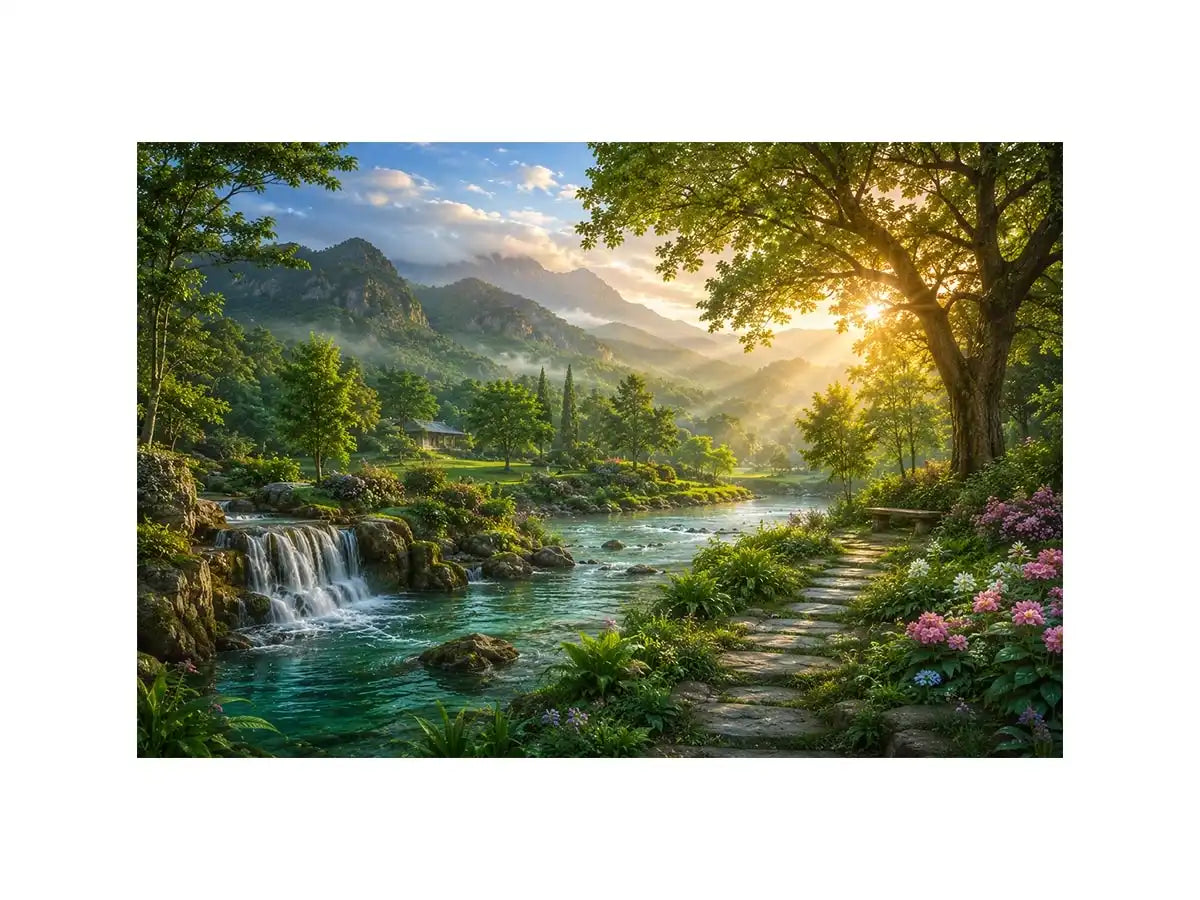 Lush mountain river landscape canvas art with waterfall for living room decor.