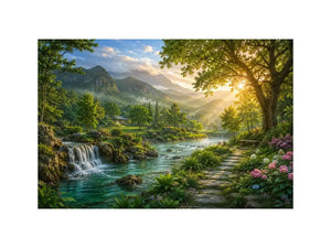 Lush mountain river landscape canvas art with waterfall for living room decor.