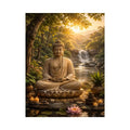 Peaceful Buddha meditation canvas art with lotus and waterfall for serene home decor.