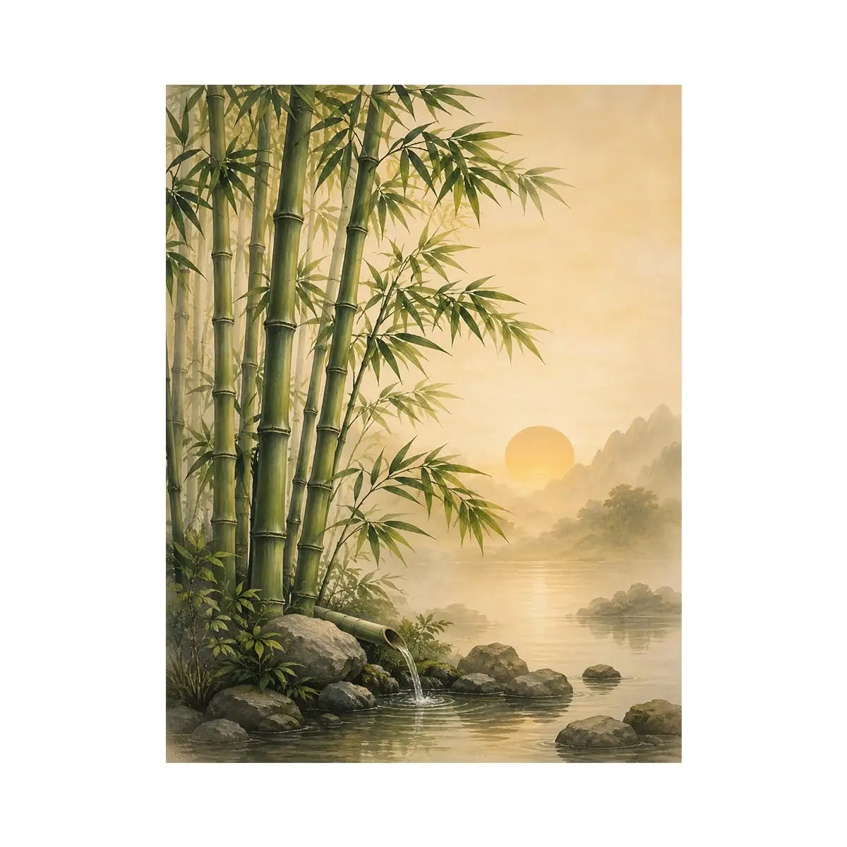 Asian bamboo landscape canvas art for calm bedroom or office decor.