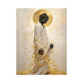 Elegant Buddha portrait canvas art with gold leaves for calm interiors.