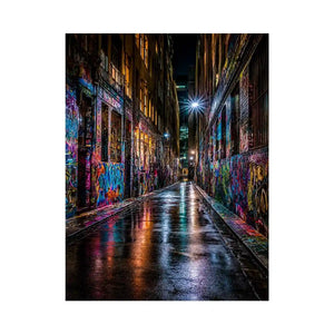 Neon graffiti alley canvas art for modern urban office decor.