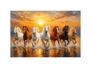 Horses running through ocean surf canvas art for statement decor.