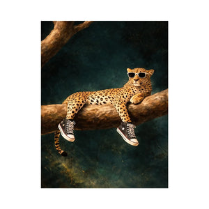 Funny leopard canvas art with sunglasses for bold modern decor.