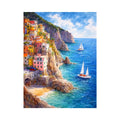 Mediterranean cliffside village canvas art for coastal living room decor.