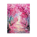 Pink blossom pathway canvas art in impressionist style for elegant bedroom decor.