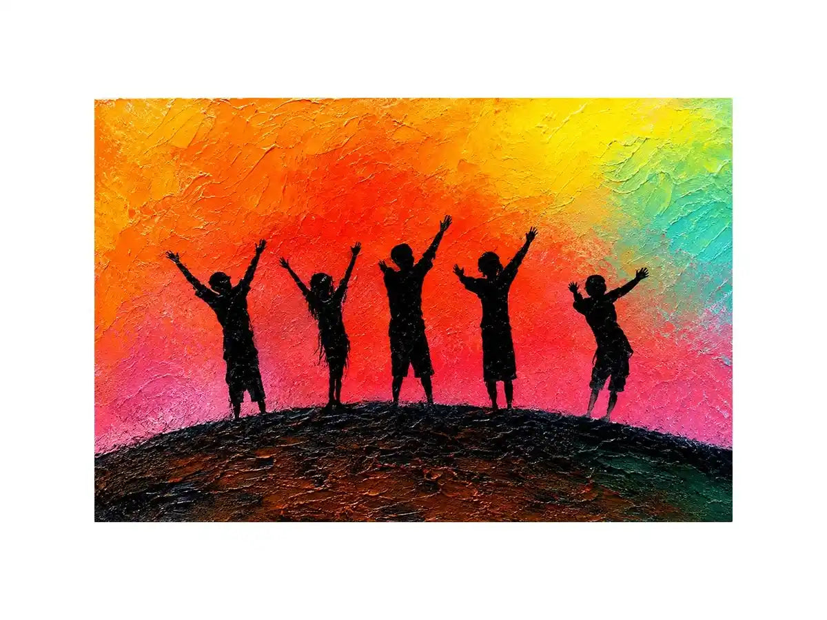 Colorful children silhouette canvas art with sunset sky for playful kids room decor.