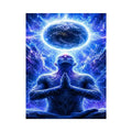 Blue cosmic meditation canvas art in surreal spiritual style for modern office decor.