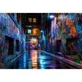 Neon graffiti alley wall art with urban night photography style for modern loft decor.