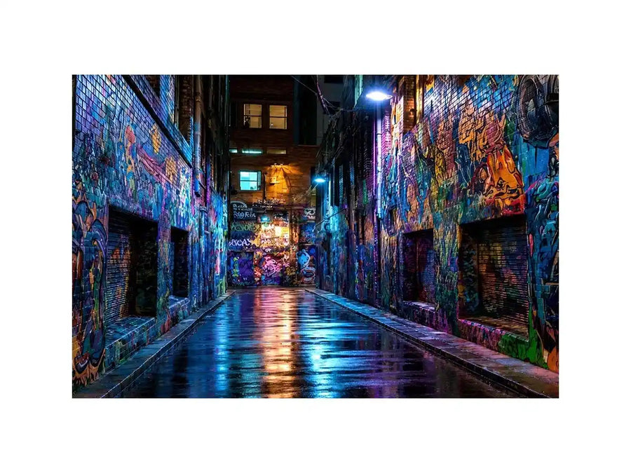 Neon graffiti alley wall art with urban night photography style for modern loft decor.