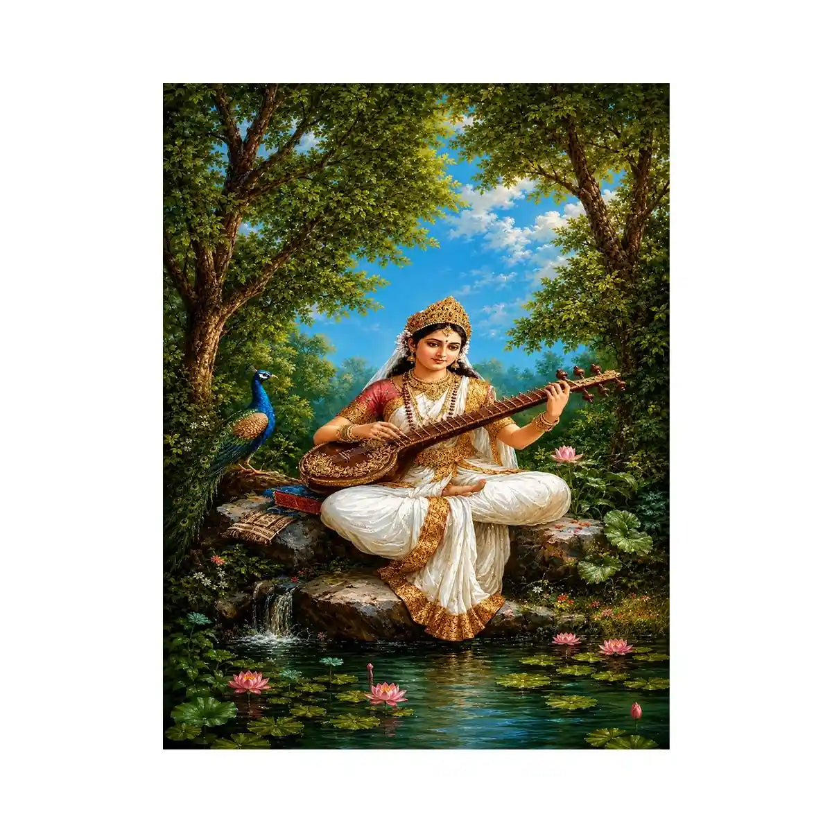 Saraswati veena canvas art with peacock and lotus for elegant living room decor.