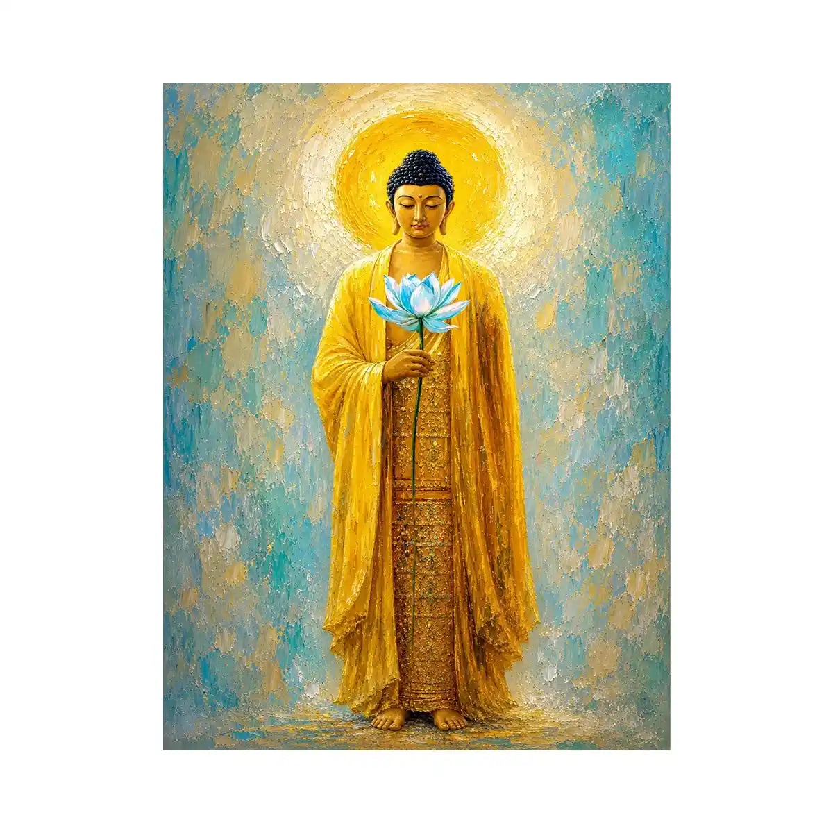 Golden Buddha lotus canvas art in peaceful spiritual style for meditation room decor.