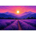 Lavender field landscape canvas art with sunset mountains for elegant bedroom decor.