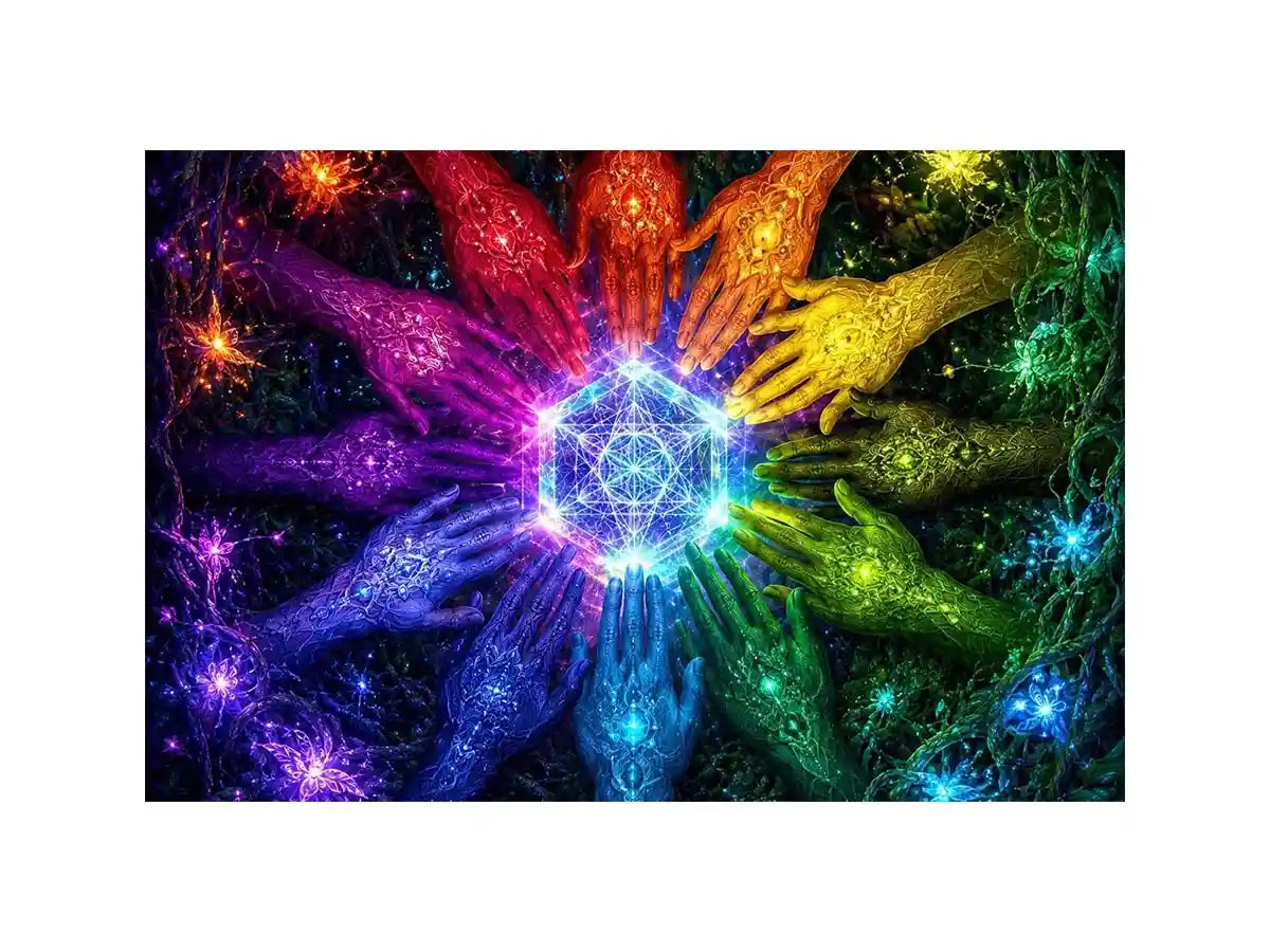 Colorful hands and sacred geometry canvas art for creative office or living room decor.