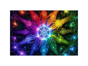 Colorful hands and sacred geometry canvas art for creative office or living room decor.