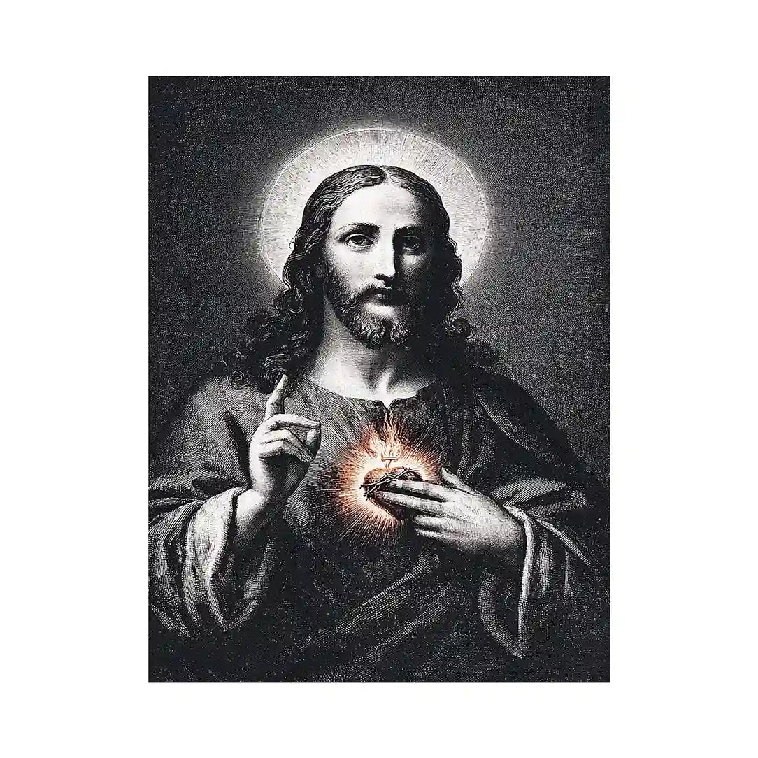 Sacred Heart Jesus portrait in classic black and white style for spiritual living room decor